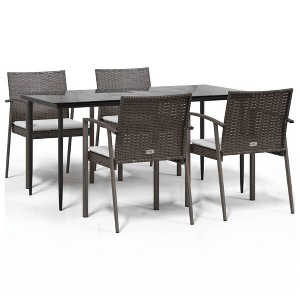 vidaXL Patio Dining Set Table and Chair with Cushions Poly Rattan and Steel - Brown 63" Table Length 4 Chairs - 1 of 4