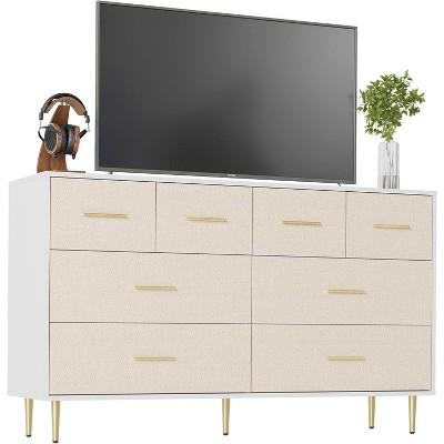8 Drawer Dresser, White Dresser for Bedroom, Fabric Pattern Chest of Drawer with Gold Metal Handles and Legs for Living Room, Hallway