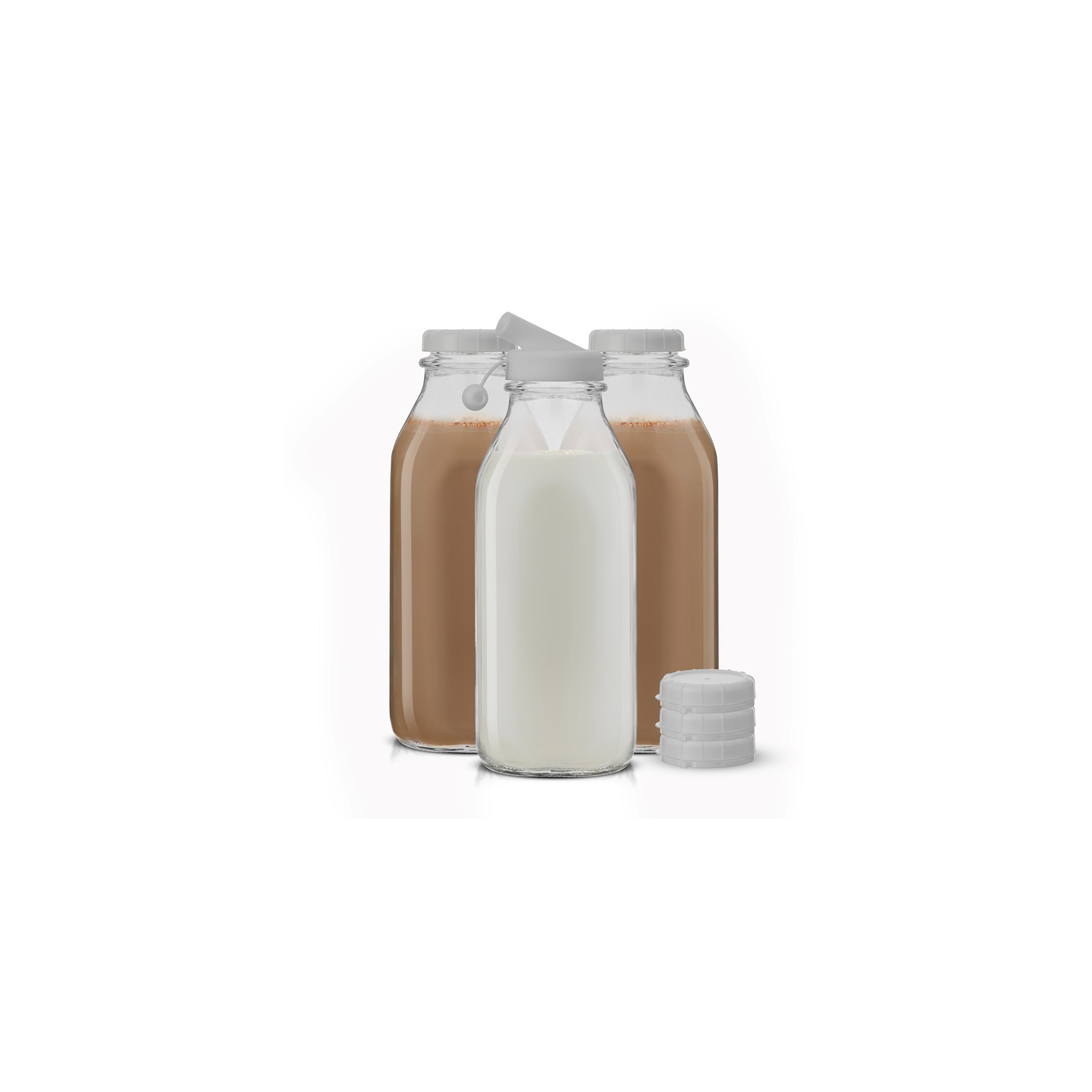 JoyJolt Reusable Glass Milk Bottle with Lid & Pourer - 32 oz Water or Juice Bottles with Caps - Set of 3