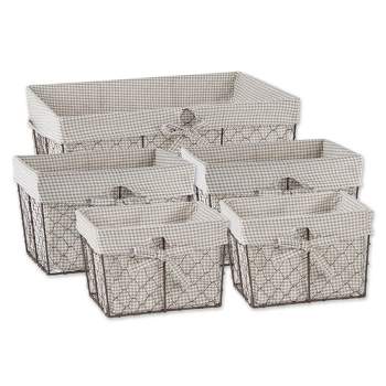 Design Imports Set of 5 Rustic Bronze Chicken Wire Stone and Gingham Check Liner Baskets White