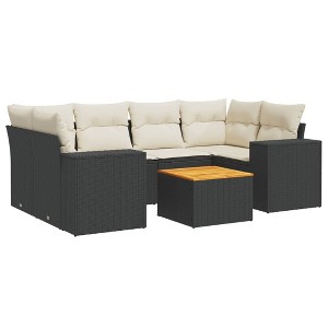 vidaXL Patio Sofa Set with Cushions Outdoor Furniture 7 Piece Poly Rattan - Black and Cream - 1 of 4