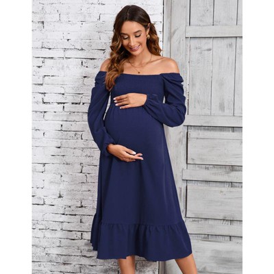 YesFashion Women's Maternity Square Neck Long Sleeve Fall Dress Smocked Boho Ruffle Casual Midi Dress Baby Shower Photoshoot