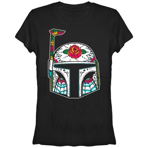 Juniors Womens Star Wars Rose Sugar Skull Boba Fett T-Shirt - 1 of 3