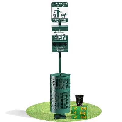 Emma and Oliver Pet Waste Station-Roll Bag Dispenser-Sanitizer Bottle-Trash Can with Lid-Green