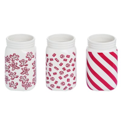 Transpac Dolomite 7 in. White Christmas Patterned Mason Jar Set of 3