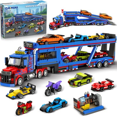 Cubimana City Transporter Truck Building Set with 7 Cars, 1050pcs STEM Toy, Adjustable Ramp for Kids Aged 8+