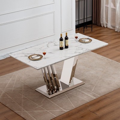 Modern 70'' Rectangular Marble Dining Table,Mirrored Stainless Steel Base,Suitable for 6 People - Maison Boucle