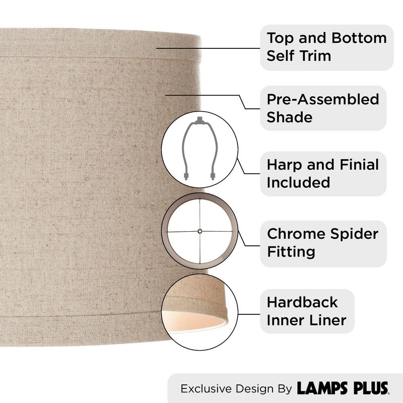 Springcrest Set of 2 Natural Linen Medium Drum Lamp Shades 13" Top x 14" Bottom x 10" High (Spider) Replacement with Harp and Finial, 4 of 11