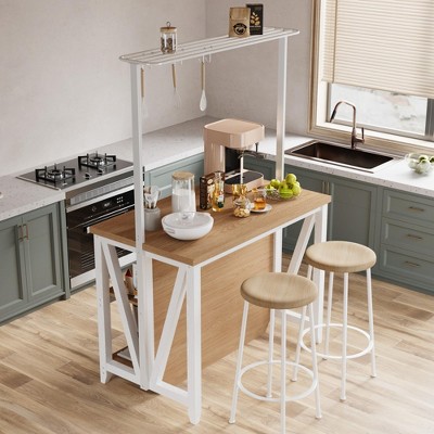 Large Wooden Kitchen Island with Power Outlet & LED Lights, Multi-Tier Bakers Rack with Microwave Shelf