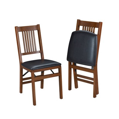 Fruitwood Folding Side Chair with Black Vinyl Upholstered Seat, Set of 2