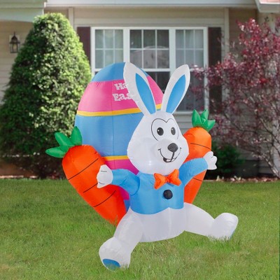 4' White and Blue Inflatable LED Easter Bunny with Carrots