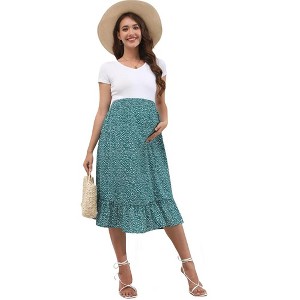 LXT-Women's High Waist Midi Floral Print Maternity Skirt - 1 of 4