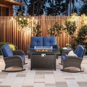 5 Piece Outdoor Patio Furniture Set with 50000BTU Propane Fire Pit Table, Deep Seating Wicker Rocker Chairs and Loveseat Glider Patio Conversation Set - 1 of 4