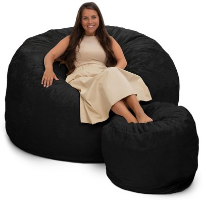 Ultimate Sack 6ft Bean Bag Chair and Footstool, Oversized Comfortable Indoor Floor Lounger, Giant Foam-Filled Furniture for Relaxing, Black Fur