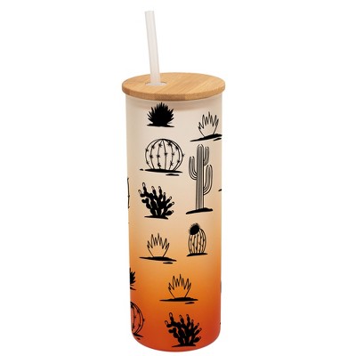 Elanze Designs Succulent Cactus Desert Plant Wrap-Around Design 25 Ounce Frosted Gradient Glass On-The-Go Coffee Travel Skinny Tumbler Mug Cup, Bamboo