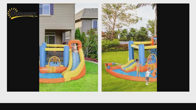 Outsunny 4-in-1 Kids Inflatable Bounce House Jumping Castle with 2 Slides, Climbing Wall, Trampoline, & Water Pool Area, Air Blower, 2 of 10, play video