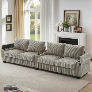 133" Corduroy Upholstered Sectional Sofa with USB Ports, Hidden Storage Arms, Central Console - 1 of 4