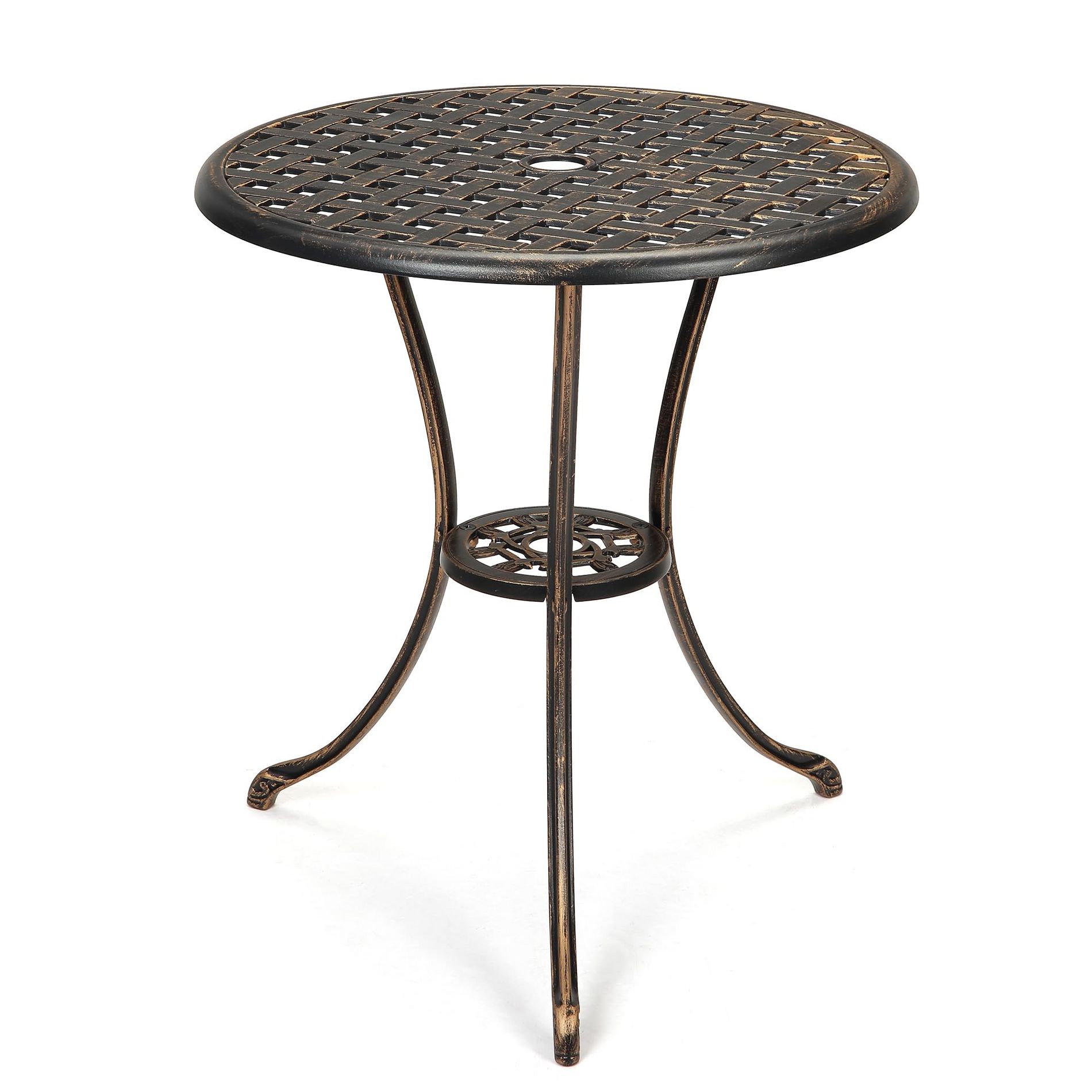 Cast Aluminum Patio Bistro Table, 24" Round Rust-Resistant Outdoor Coffee Table with Umbrella Hole & Frosted Finish for Balcony, Garden, Backyard