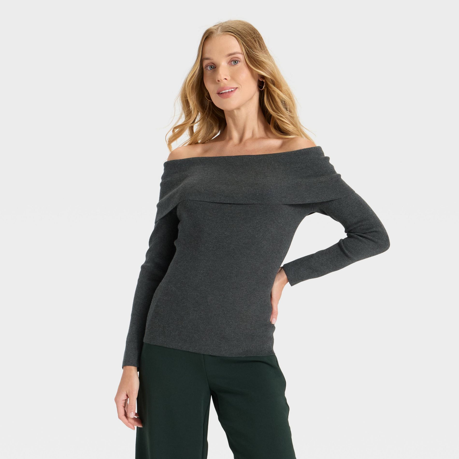Women's Long Sleeve Off the Shoulder Pullover Sweater - A New Day™ Charcoal M