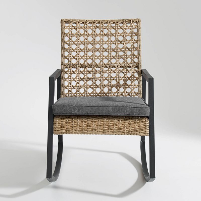 Komodo Modern Boho Faux Rattan &#38; Metal Outdoor Rocking Chair with Cushion - Brown/Gray - Saracina Home, 4 of 10