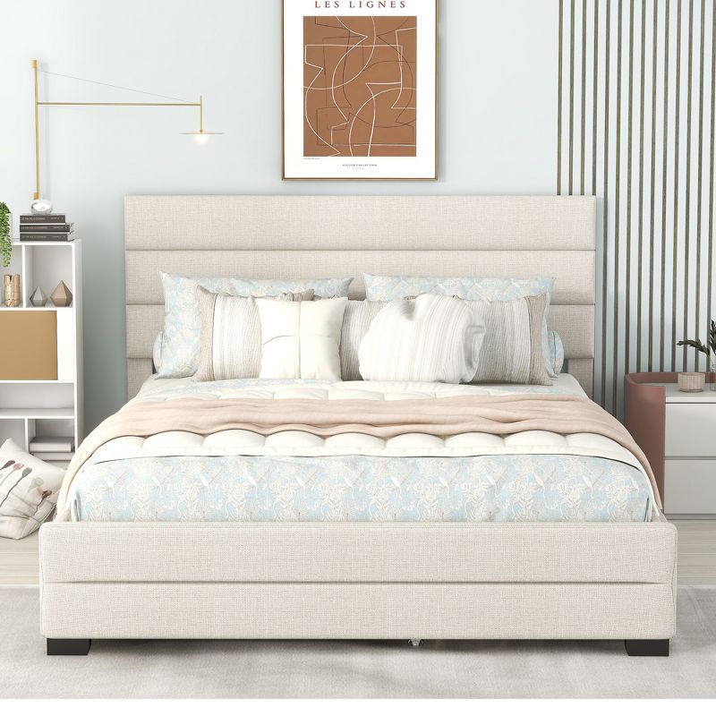 Queen Size Upholstered Platform Bed with Twin Size Trundle Bed and Two Drawers-ModernLuxe, 2 of 11