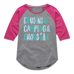 Girls' - Instant Message - Cousins & Camping & Chaos Shirt Tail Raglan Graphic T-shirt - 1 of 4