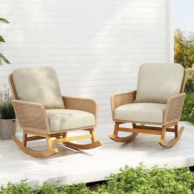 [Set of 2]Modern Outdoor Lounge Chair, Contemporary Minimalist Wicker Rocking Chair, Chairs with PE Beige Cushions and Wooden Frame-Coolbibila