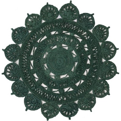 Handmade Round Hunter Green Jute Floral Area Rug