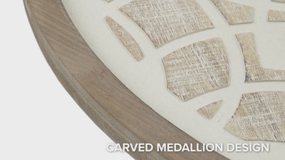 Natural White Carved Wood Round Medallion Wall Sculpture