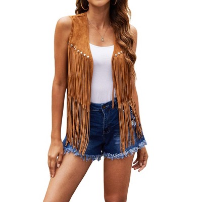 Womens Fringe Vest 70s Hippie Clothes Sleeveless Faux Suede Tassel Cowgirl Western Outfits