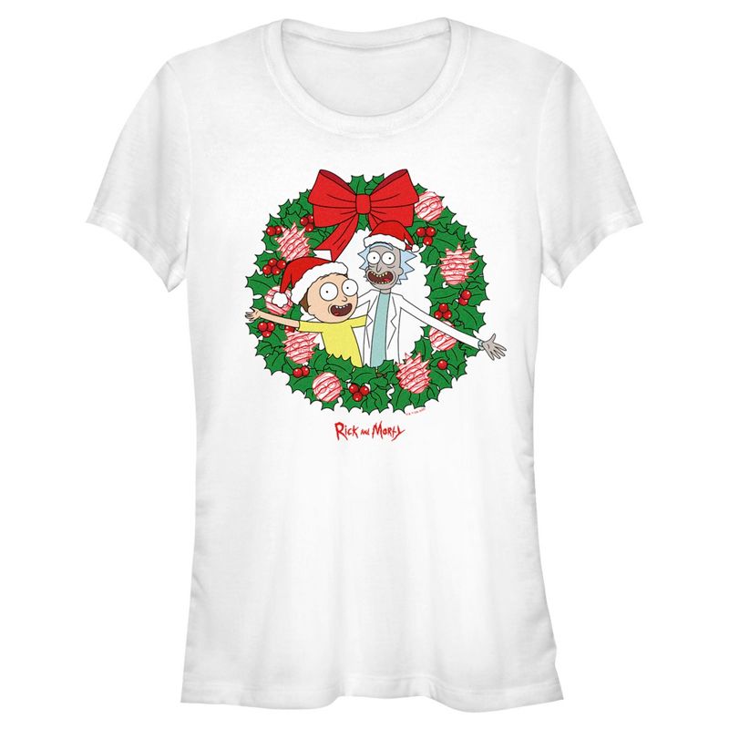 Juniors Womens Rick and Morty Christmas Wreath T-Shirt, 1 of 5