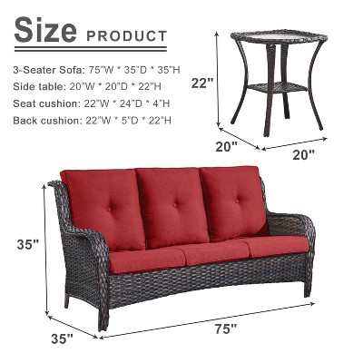 Size diagram for POCASSY 75" wide outdoor sofa and table