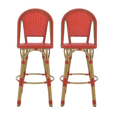 Christopher Knight Home 2pc Shelton Wicker and Aluminum Outdoor Patio 29.5" Barstools Red/Bamboo Finish
