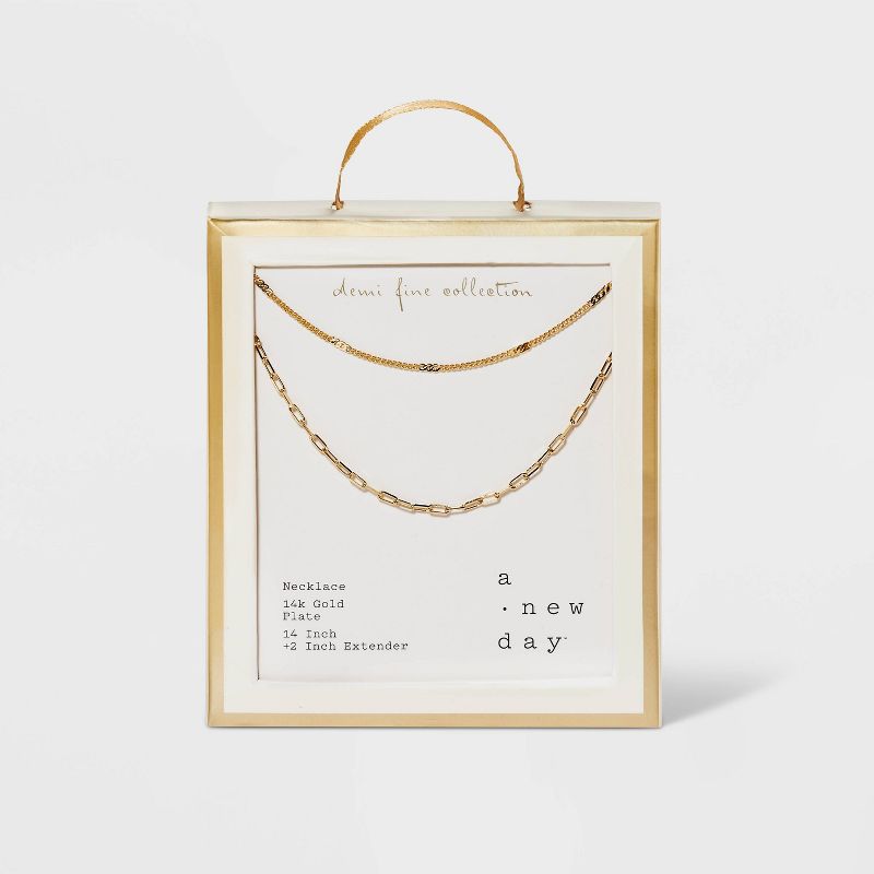 14K Gold Plated Flat Beaded and Link Chain Duo Necklace - A New Day&#8482; Gold, 4 of 5