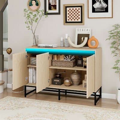 TIRAMISUBEST 3 Door Sideboard with LED, Buffet Cabinet Storage Cabinet Modern Coffee Bar Cabinet With Adjustable Shelf