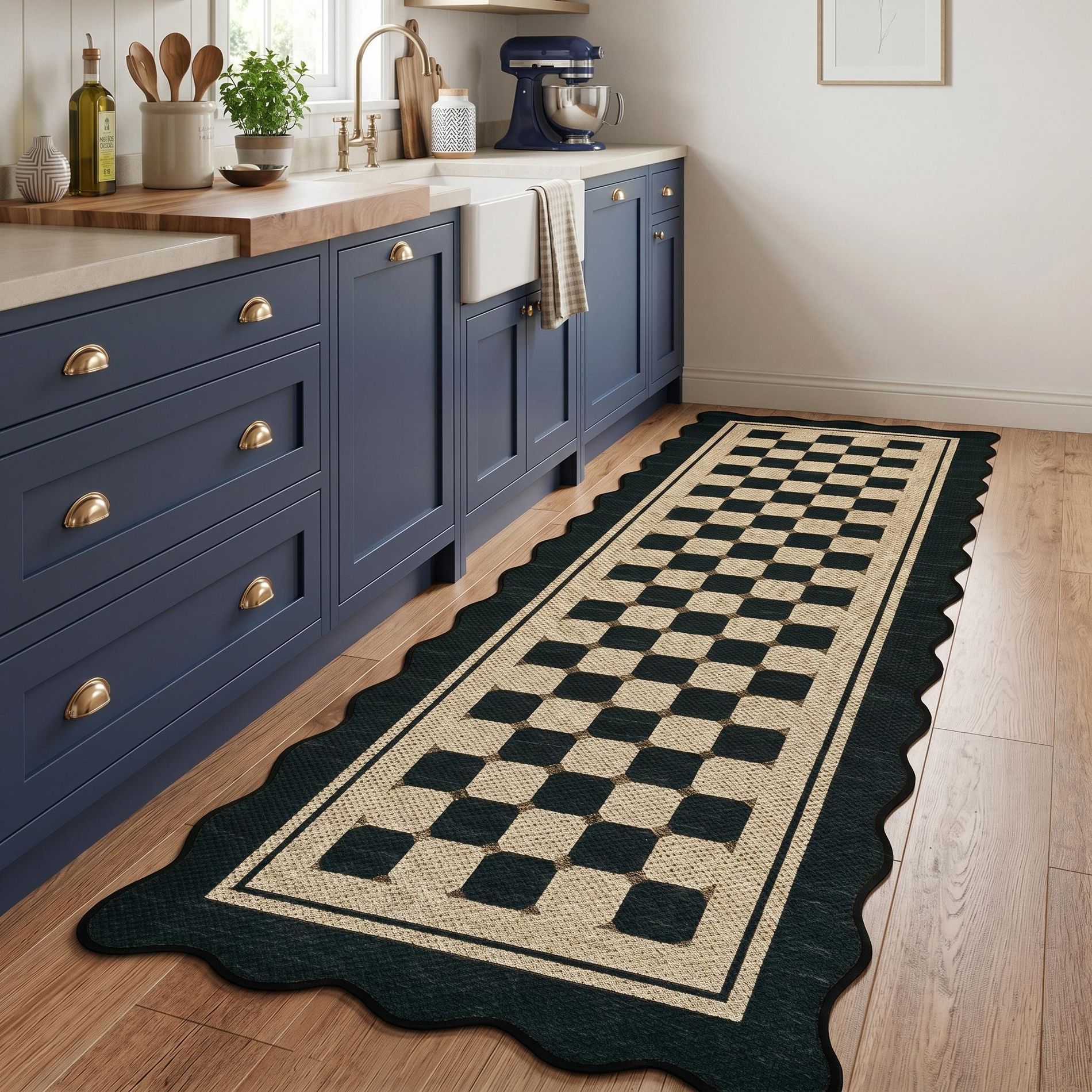 Garvee Scalloped Easy Jute Area Rug, Washable Non-Slip Low Pile Geometric Checkered Rugs for Living Room Bedroom Kitchen Office