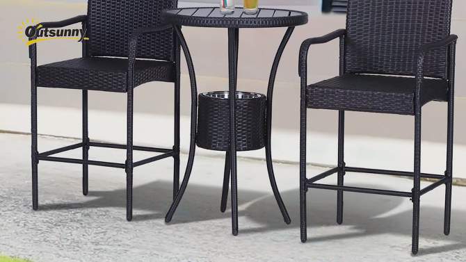 Outsunny Rattan Wicker Bar Set for 3 PCS with Ice Buckets, Patio Furniture with 1 Bar Table and 2 Bar Stools for Poolside, Backyard, Porches, 2 of 10, play video