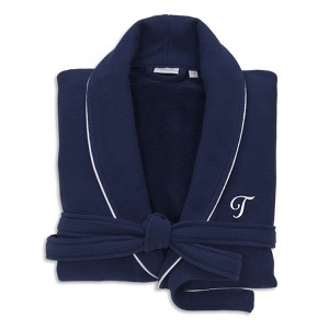 Linum Home Textiles Hotel 100% Turkish Cotton Waffle Terry Personalized Navy Bathrobe with Satin Piped Trim in White Script Font - 1 of 1