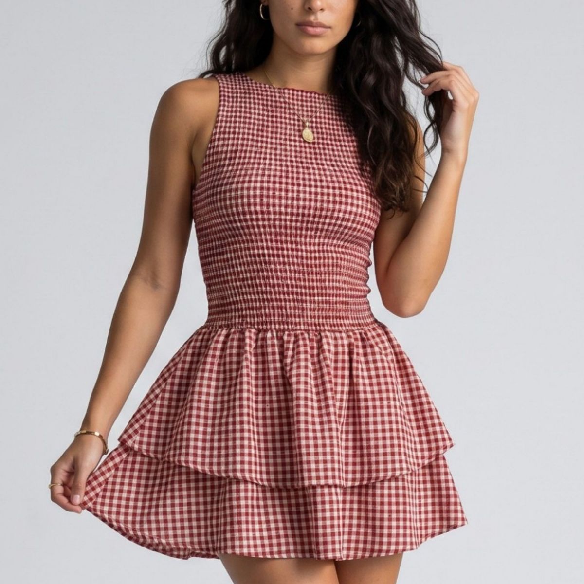 Anna-Kaci Women's Gingham Sleeveless Smocked Mini Dress with Tiered Ruffle Skirt - thumbnail 7