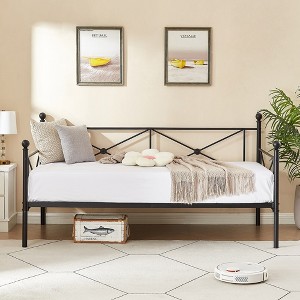 VECELO Metal Daybed with Headboard Heavy-duty Slats Support Sofa Bed Platform Mattress Foundation, Easy Assembly - 1 of 4