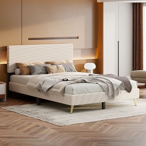NicBex Queen Upholstered Platform Bed Frame with Horizontal Stripe Corduroy Headboard,No Box Spring Needed,Easy Assembly,Beige/Pink - 1 of 4