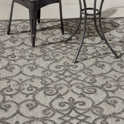 Aloha Floral Grey Charcoal Round 43" Synthetic Outdoor Rug