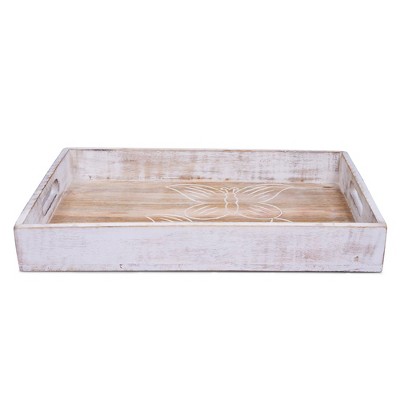 Mela Artisans Decorative Wood Serving Tray w/ Handles (Whitewash) -Medium Farmhouse Trays for Coffee Table Mango Wood Decorative Tray - 16"x12"x2.5"