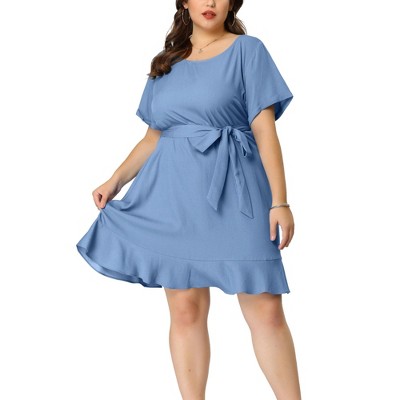 Unique Bargains Women's Plus Denim V Neck Pleat A Line Short Sleeve Dresses  2X Blue 