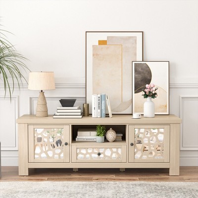 Natural Wood 55" TV Stand with Mirrored Cabinet Doors