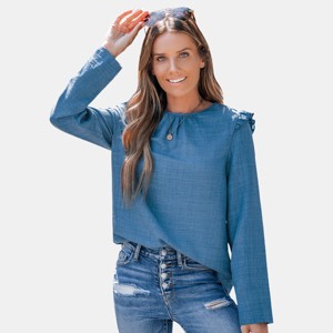 Women's Blue Chambray Puff Sleeve Ruffled Shoulder Peasant Blouse - Cupshe - 1 of 4