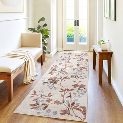 Washable Modern Leaves Printed Rug Non Slip Low Pile Rug Soft Botanical Pattern  Throw Floor Cover Foldable Indoor Carpet for Living Room Bedroom