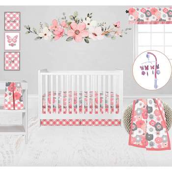 Bacati - Watercolor Floral Coral Gray 10 pc Baby Crib Bedding Set with 2 Crib Fitted Sheets for Girls 100% percale fabrics