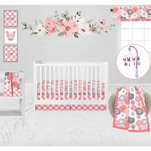 Bacati Watercolor Floral Coral Gray 10 pc Baby Crib Bedding Set with 2 Crib Fitted Sheets for Girls 100 percale fabrics