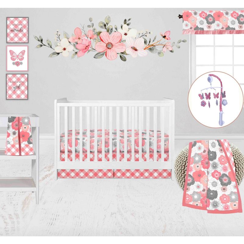 Bacati - Watercolor Floral Coral Gray 10 pc Baby Crib Bedding Set with 2 Crib Fitted Sheets for Girls 100% percale fabrics, 1 of 12